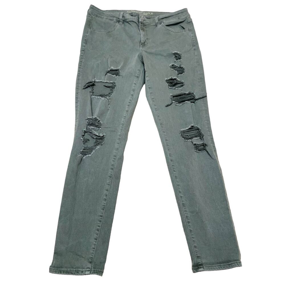 American Eagle Olive Twill Super Stretch Jeans,‎ Distressed, Ladies Size 14 Reg.
